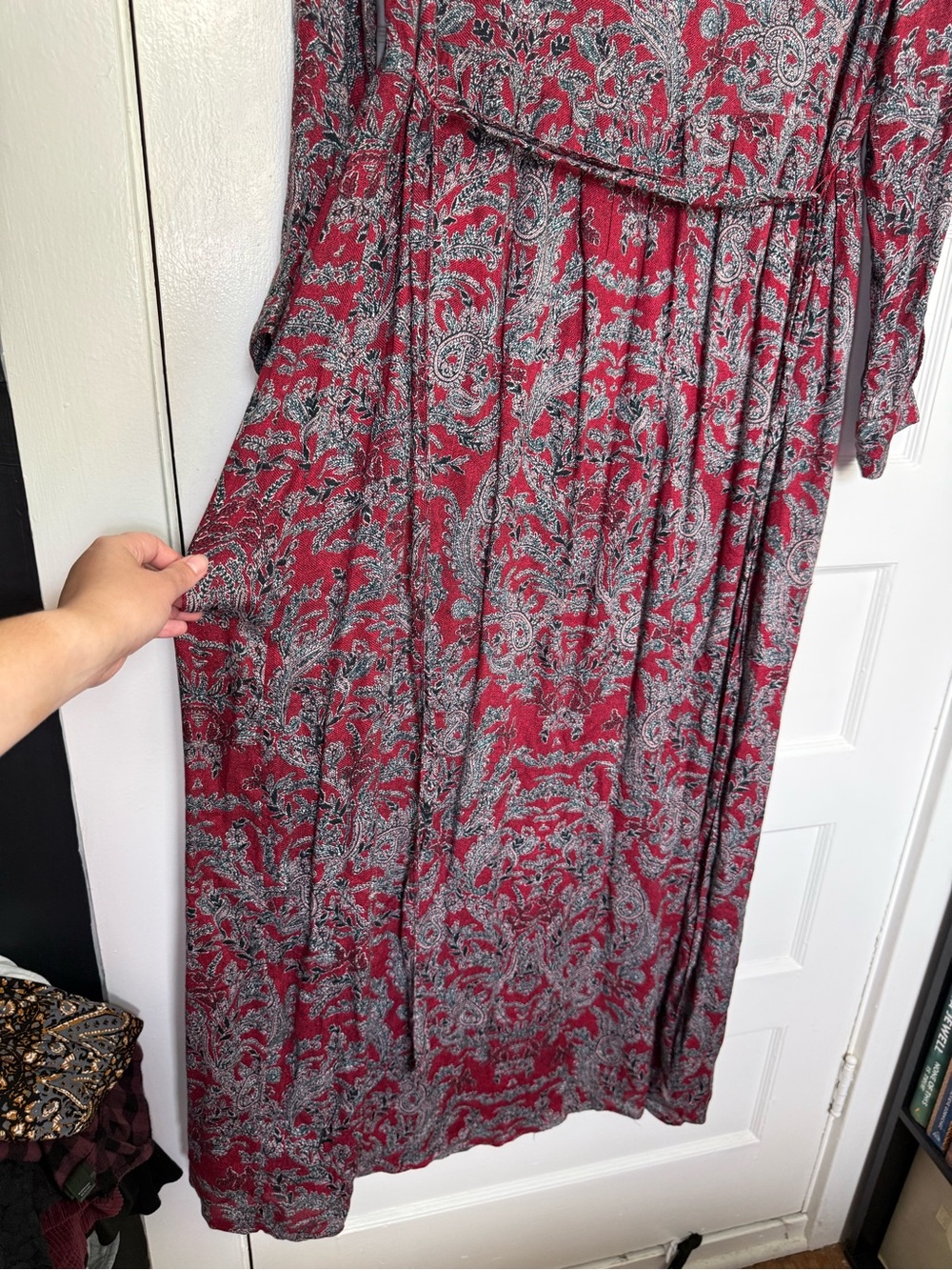 Lucky Brand Red & Grey Paisley Boho-Chic V-Neck Long-Sleeve Maxi Dress 70’s L - Picture 16 of 16